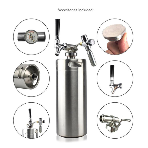 Nutrichef Nutrichef Pressurized Growler Tap System - Stainless Steel Mini Keg Dispenser Portable Kegerator Kit - Co2 Pressure Regulator Keeps Carbonation For Craft Beer Draft And Homebrew - Pkbrtp100 (128Oz)