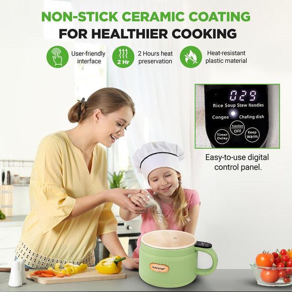 Nutrichef Portable Rice Cooker Rapid Cooking Non-Stick Ceramic Green