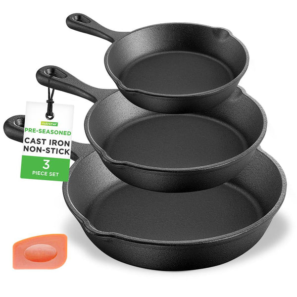 nutrichef Pre-Seasoned Cast Iron Skillet Set 3pc Nonstick Even-Heat Drip Spout