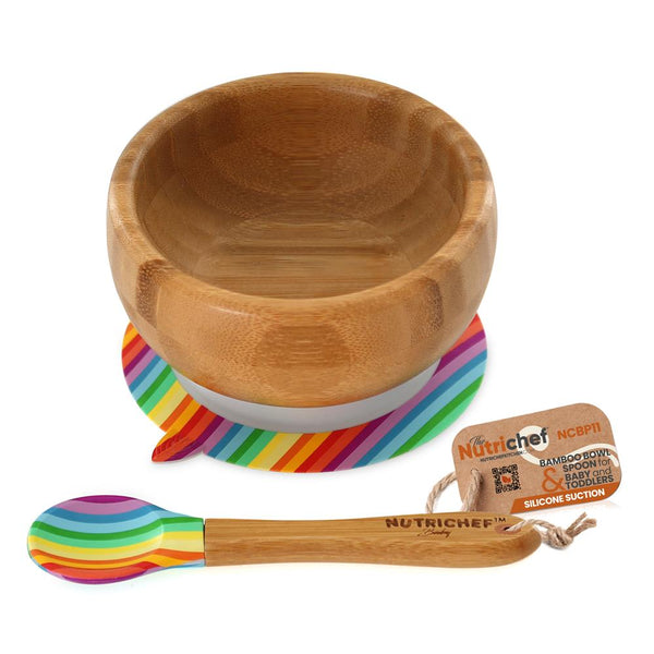 nutrichef Rainbow Bamboo Bowl With Silicone Suction And Spoon For Baby And Toddlers
