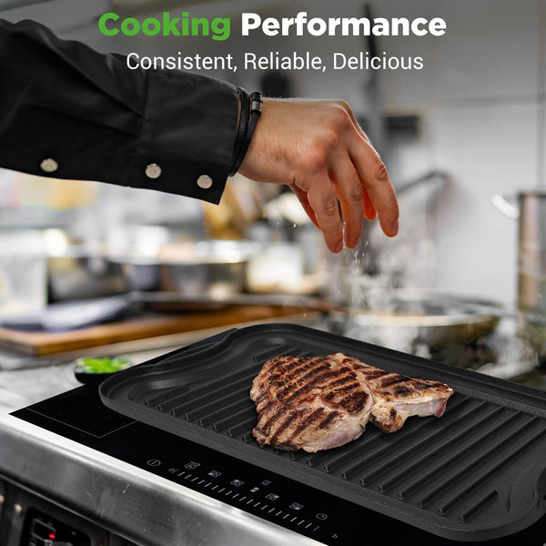 Nutrichef Reversible Cast Iron Griddle - Even Heat Extra-Wide Oven Safe
