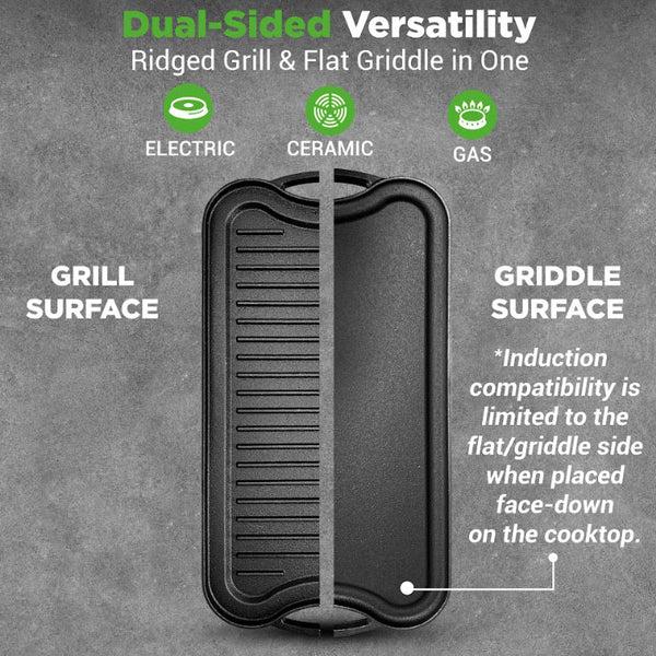 Nutrichef Reversible Cast Iron Griddle - Even Heat Extra-Wide Oven Safe