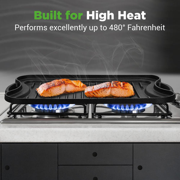Nutrichef Reversible Cast Iron Griddle - Even Heat Extra-Wide Oven Safe
