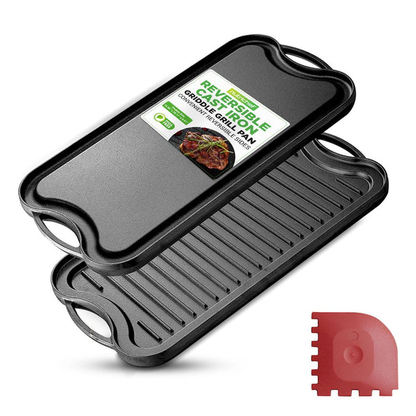 nutrichef Reversible Cast Iron Griddle - Even Heat Extra-Wide Oven Safe