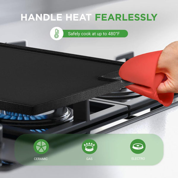 Nutrichef Reversible Cast Iron Grill Pan Even Heat 18" Flat & Ridged Includes Mitt