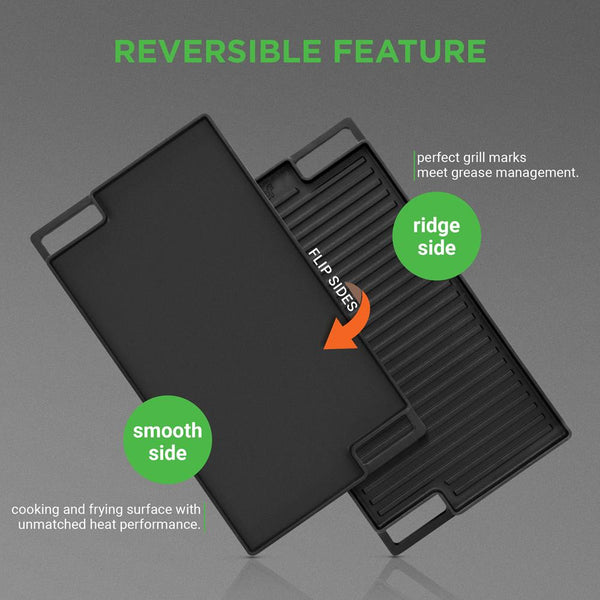 Nutrichef Reversible Cast Iron Grill Pan Even Heat 18" Flat & Ridged Includes Mitt