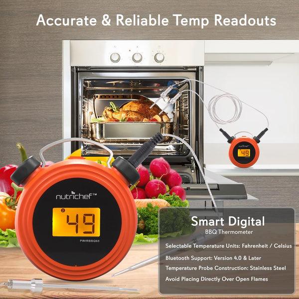 Nutrichef Smart Bluetooth Bbq Grill Thermometer - Digital Display Stainless Dual Probes Safe To Leave In Outdoor Barbecue Meat Smoker - Wireless Remote Alert Ios Android Phone - Nutrichef Pwirbbq60