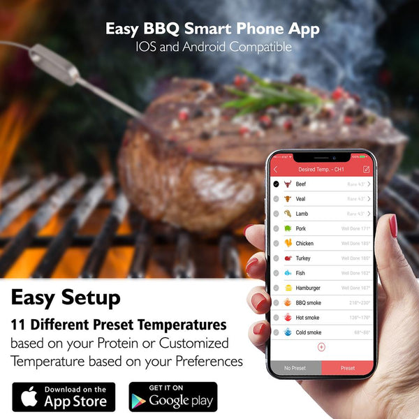 Nutrichef Smart Bluetooth Bbq Grill Thermometer - Digital Display Stainless Dual Probes Safe To Leave In Outdoor Barbecue Meat Smoker - Wireless Remote Alert Ios Android Phone - Nutrichef Pwirbbq60