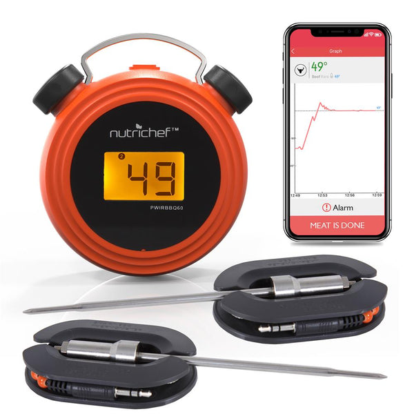 nutrichef Smart Bluetooth Bbq Grill Thermometer - Digital Display Stainless Dual Probes Safe To Leave In Outdoor Barbecue Meat Smoker - Wireless Remote Alert Ios Android Phone - Nutrichef Pwirbbq60