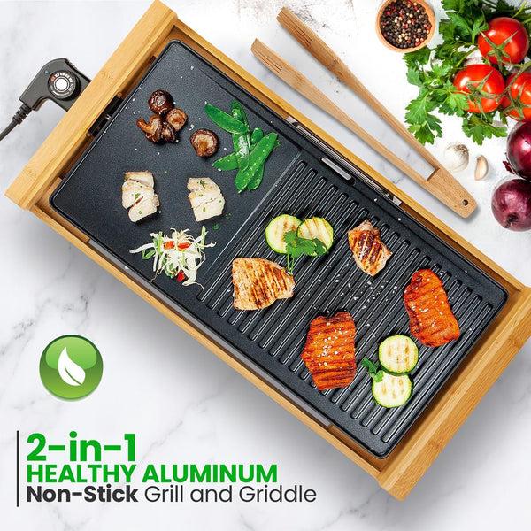 Nutrichef Smokeless Indoor Electric Grill Non-Stick Bamboo Tray 1800W