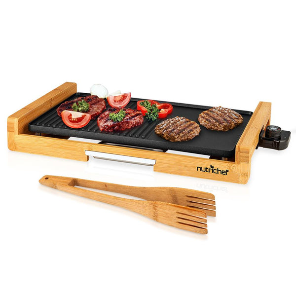 nutrichef Smokeless Indoor Electric Grill Non-Stick Bamboo Tray 1800W