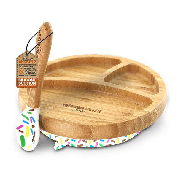 nutrichef Sparkle Three Compartment Round Plate With Silicone Suction And Spoon For Baby And Toddlers