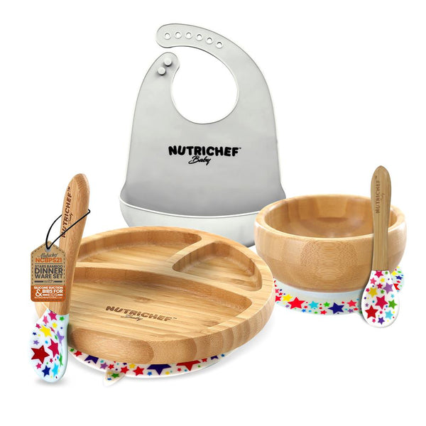 nutrichef Stars Bamboo Dinnerware Set With Silicone Suction And Bibs For Kids