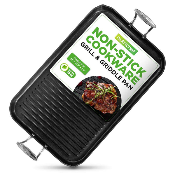 nutrichef Stove Top Grill Pan - Nonstick Even Heating Hard-Anodized Aluminum
