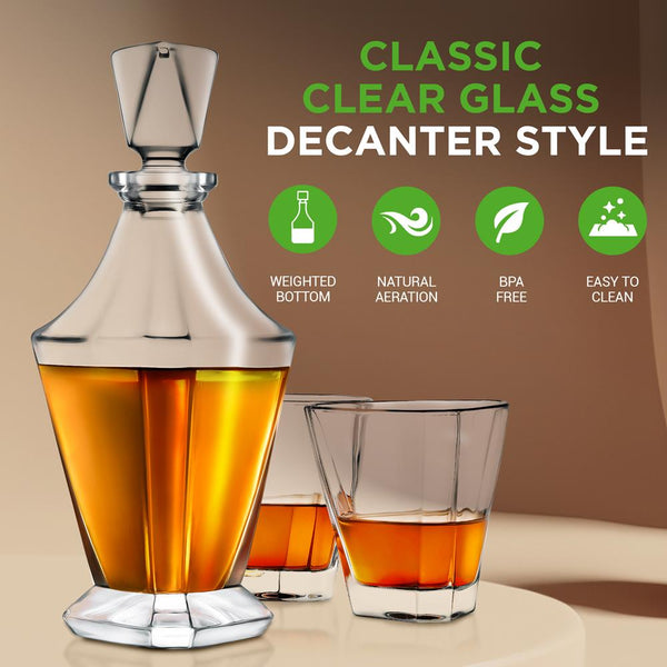 Nutrichef Whiskey Decanter Set Enhances Flavor Crystal Glass 850ml 4 Glasses