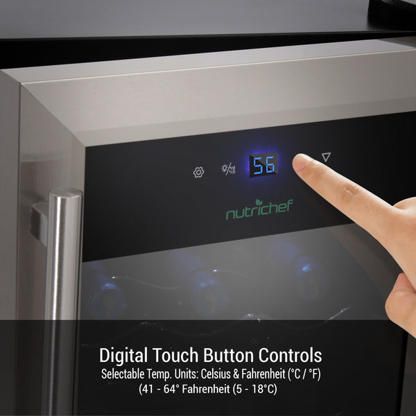 Nutrichef Wine Chilling Refrigerator Cellar - Digital Touch Button Control With Air Tight Seal Contains Placement For Standing Bottles (15 Bottle Storage Capacity)