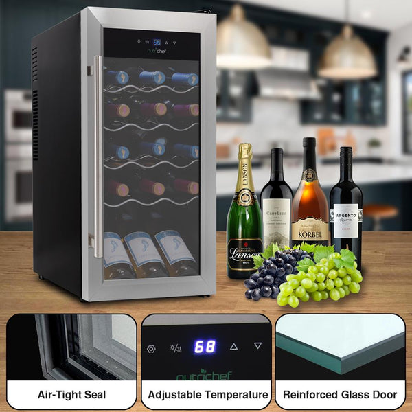 Nutrichef Wine Chilling Refrigerator Cellar - Digital Touch Button Control With Air Tight Seal Contains Placement For Standing Bottles (18 Bottle Storage Capacity)