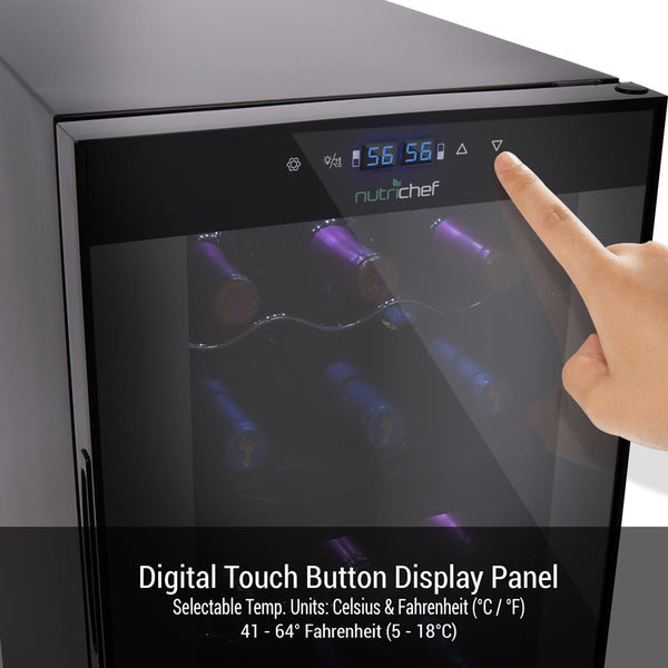 Nutrichef Wine Chilling Refrigerator Cellar - Dual-Zone Wine Cooler/Chiller Digital Touch Button Control With Air Tight Seal Contains Placement For Standing Bottles (18 Bottle Storage Capacity)