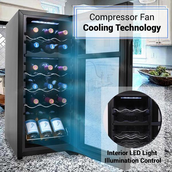 Nutrichef Wine Chilling Refrigerator Cellar - Dual-Zone Wine Cooler/Chiller Digital Touch Button Control With Air Tight Seal Contains Placement For Standing Bottles (18 Bottle Storage Capacity)