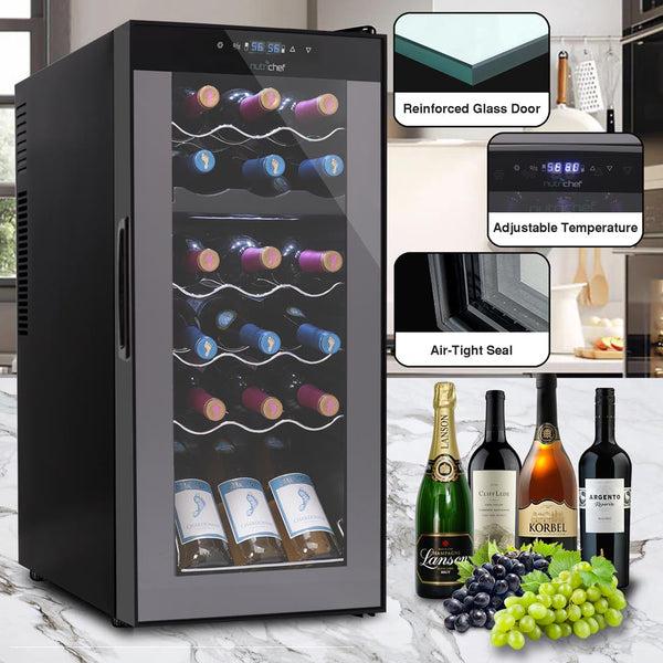 Nutrichef Wine Chilling Refrigerator Cellar - Dual-Zone Wine Cooler/Chiller Digital Touch Button Control With Air Tight Seal Contains Placement For Standing Bottles (18 Bottle Storage Capacity)