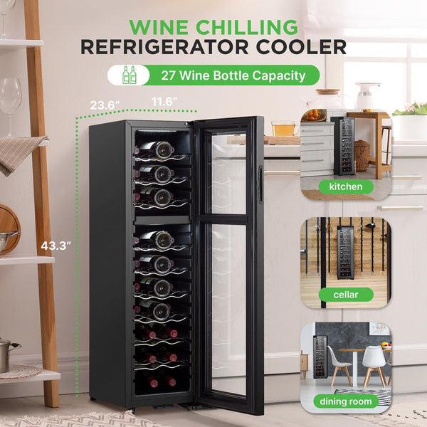 Nutrichef Wine Chilling Refrigerator Cellar - Dual-Zone Wine Cooler/Chiller Digital Touch Button Control With Air Tight Seal Contains Placement For Standing Bottles (27 Bottle Storage Capacity)