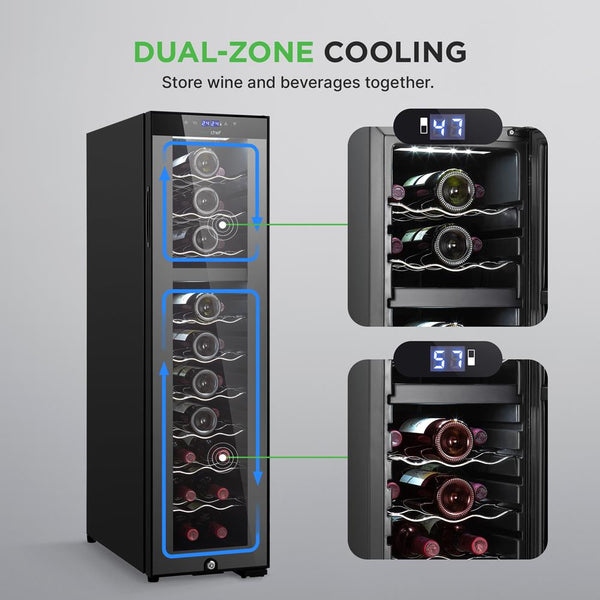 Nutrichef Wine Chilling Refrigerator Cellar - Dual-Zone Wine Cooler/Chiller Digital Touch Button Control With Air Tight Seal Contains Placement For Standing Bottles (27 Bottle Storage Capacity)