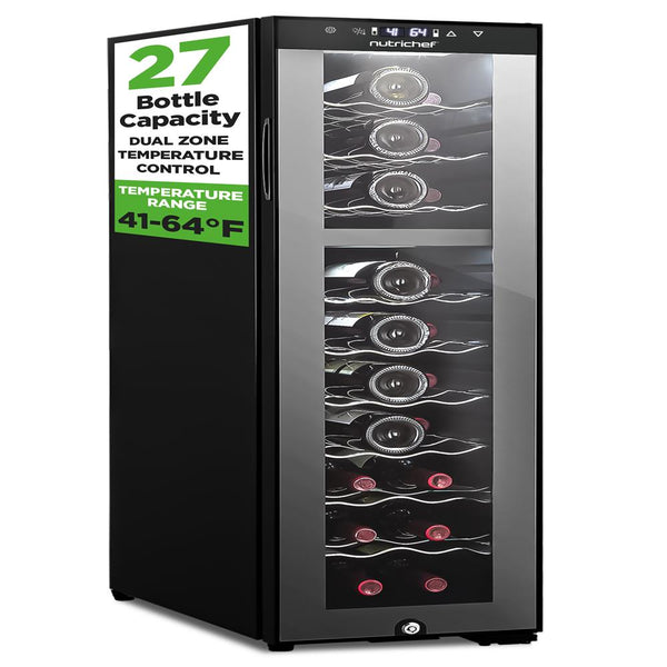 nutrichef Wine Chilling Refrigerator Cellar - Dual-Zone Wine Cooler/Chiller Digital Touch Button Control With Air Tight Seal Contains Placement For Standing Bottles (27 Bottle Storage Capacity)
