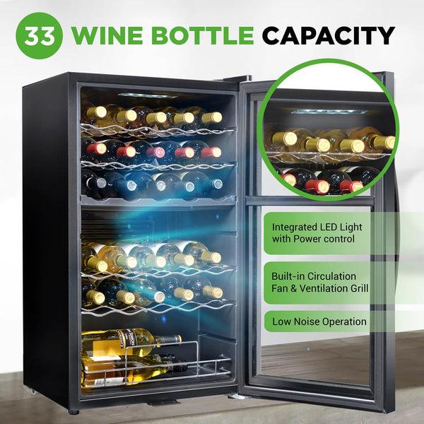 Nutrichef Wine Chilling Refrigerator Cellar - Dual-Zone Wine Cooler/Chiller Digital Touch Button Control With Air Tight Seal Contains Placement For Standing Bottles (33 Bottle Storage Capacity)