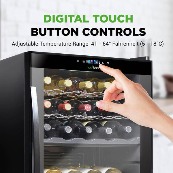 Nutrichef Wine Chilling Refrigerator Cellar - Dual-Zone Wine Cooler/Chiller Digital Touch Button Control With Air Tight Seal Contains Placement For Standing Bottles (33 Bottle Storage Capacity)