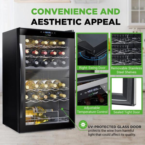 Nutrichef Wine Chilling Refrigerator Cellar - Dual-Zone Wine Cooler/Chiller Digital Touch Button Control With Air Tight Seal Contains Placement For Standing Bottles (33 Bottle Storage Capacity)