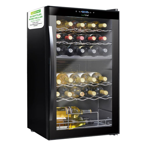 nutrichef Wine Chilling Refrigerator Cellar - Dual-Zone Wine Cooler/Chiller Digital Touch Button Control With Air Tight Seal Contains Placement For Standing Bottles (33 Bottle Storage Capacity)