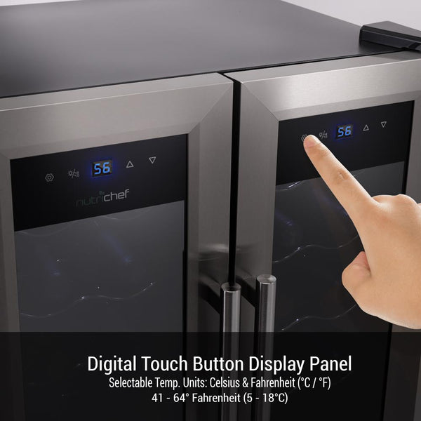 Nutrichef Wine Chilling Refrigerator Cellar - Dual-Zone Wine Cooler/Chiller Digital Touch Button Control With Air Tight Seal Contains Placement For Standing Bottles (24 Bottle Storage Capacity)