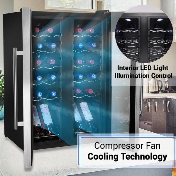 Nutrichef Wine Chilling Refrigerator Cellar - Dual-Zone Wine Cooler/Chiller Digital Touch Button Control With Air Tight Seal Contains Placement For Standing Bottles (24 Bottle Storage Capacity)
