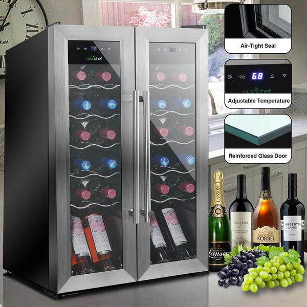 Nutrichef Wine Chilling Refrigerator Cellar - Dual-Zone Wine Cooler/Chiller Digital Touch Button Control With Air Tight Seal Contains Placement For Standing Bottles (24 Bottle Storage Capacity)