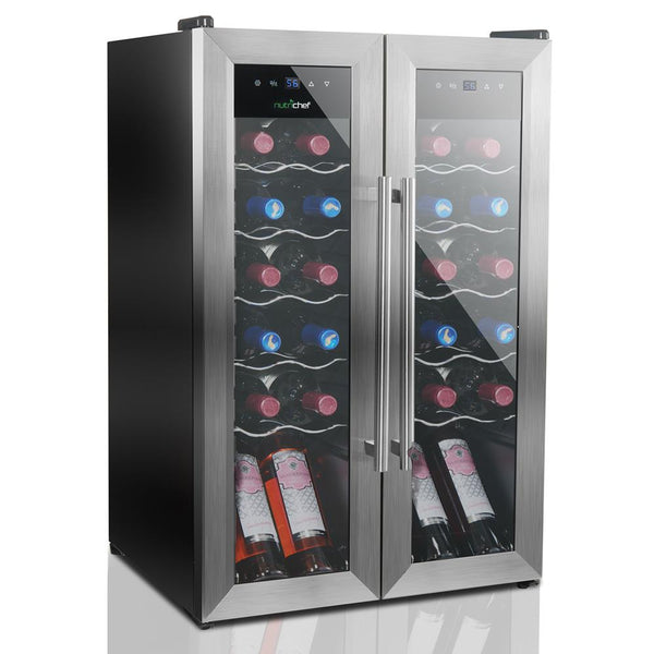 nutrichef Wine Chilling Refrigerator Cellar - Dual-Zone Wine Cooler/Chiller Digital Touch Button Control With Air Tight Seal Contains Placement For Standing Bottles (24 Bottle Storage Capacity)