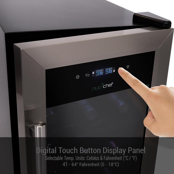 Nutrichef Wine Chilling Refrigerator Cellar - Dual-Zone Wine Cooler/Chiller Digital Touch Button Control With Air Tight Seal Contains Placement For Standing Bottles (18 Bottle Storage Capacity)