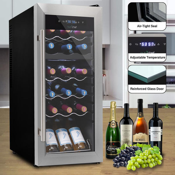 Nutrichef Wine Chilling Refrigerator Cellar - Dual-Zone Wine Cooler/Chiller Digital Touch Button Control With Air Tight Seal Contains Placement For Standing Bottles (18 Bottle Storage Capacity)