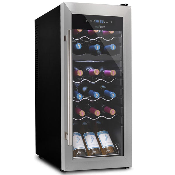 nutrichef Wine Chilling Refrigerator Cellar - Dual-Zone Wine Cooler/Chiller Digital Touch Button Control With Air Tight Seal Contains Placement For Standing Bottles (18 Bottle Storage Capacity)