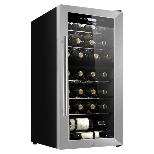 nutrichef Wine Chilling Refrigerator Cellar - Dual-Zone Wine Cooler/Chiller Digital Touch Button Control With Air Tight Seal Contains Placement For Standing Bottles (28 Bottle Storage Capacity)