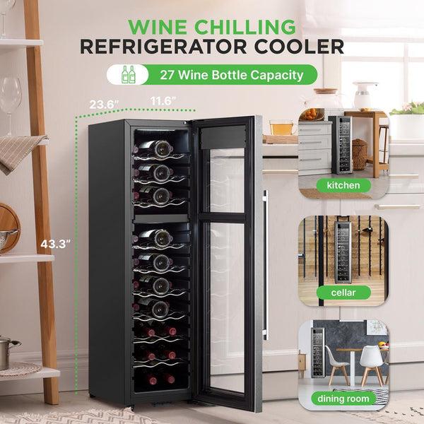 Nutrichef Wine Chilling Refrigerator Cellar - Dual-Zone Wine Cooler/Chiller Digital Touch Button Control With Air Tight Seal Contains Placement For Standing Bottles (27 Bottle Storage Capacity)