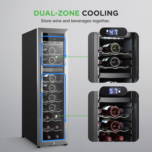 Nutrichef Wine Chilling Refrigerator Cellar - Dual-Zone Wine Cooler/Chiller Digital Touch Button Control With Air Tight Seal Contains Placement For Standing Bottles (27 Bottle Storage Capacity)