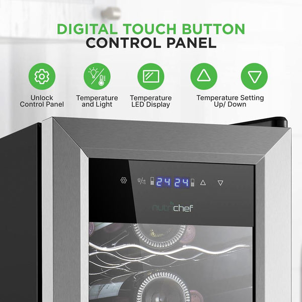 Nutrichef Wine Chilling Refrigerator Cellar - Dual-Zone Wine Cooler/Chiller Digital Touch Button Control With Air Tight Seal Contains Placement For Standing Bottles (27 Bottle Storage Capacity)
