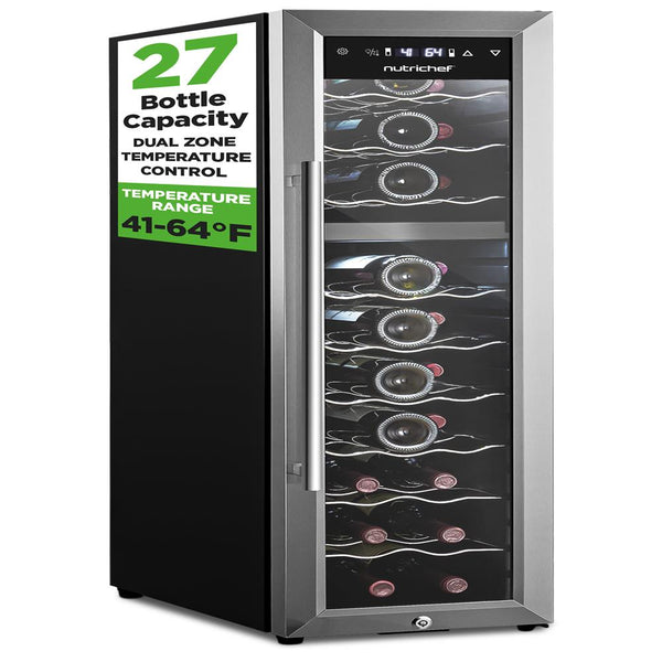 nutrichef Wine Chilling Refrigerator Cellar - Dual-Zone Wine Cooler/Chiller Digital Touch Button Control With Air Tight Seal Contains Placement For Standing Bottles (27 Bottle Storage Capacity)