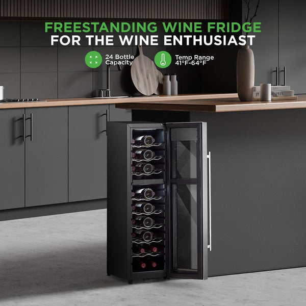 Nutrichef Wine Chilling Refrigerator Cellar - Dual-Zone Wine Cooler/Chiller Digital Touch Button Control With Air Tight Seal Contains Placement For Standing Bottles (24 Bottle Storage Capacity)