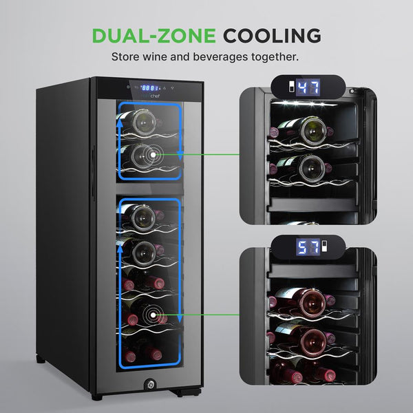 Nutrichef Wine Chilling Refrigerator Cellar - Dual-Zone Wine Cooler/Chiller Digital Touch Button Control With Air Tight Seal Contains Placement For Standing Bottles (18 Bottle Storage Capacity)