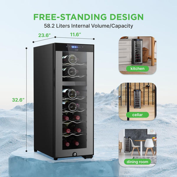 Nutrichef Wine Chilling Refrigerator Cellar - Dual-Zone Wine Cooler/Chiller Digital Touch Button Control With Air Tight Seal Contains Placement For Standing Bottles (18 Bottle Storage Capacity)