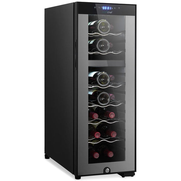 nutrichef Wine Chilling Refrigerator Cellar - Dual-Zone Wine Cooler/Chiller Digital Touch Button Control With Air Tight Seal Contains Placement For Standing Bottles (18 Bottle Storage Capacity)