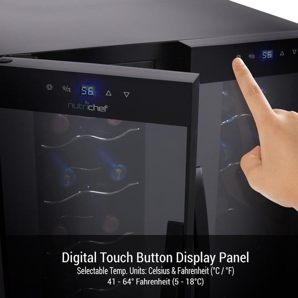 Nutrichef Wine Chilling Refrigerator Cellar - Dual-Zone Wine Cooler/Chiller Digital Touch Button Control With Air Tight Seal Contains Placement For Standing Bottles (24 Bottle Storage Capacity)