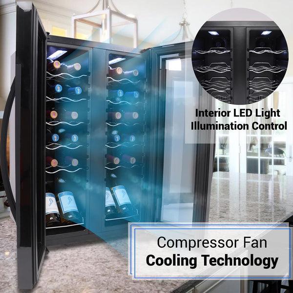 Nutrichef Wine Chilling Refrigerator Cellar - Dual-Zone Wine Cooler/Chiller Digital Touch Button Control With Air Tight Seal Contains Placement For Standing Bottles (24 Bottle Storage Capacity)