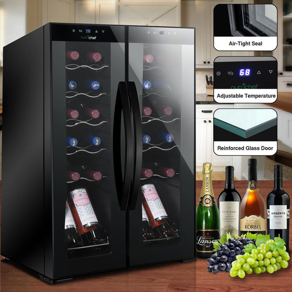 Nutrichef Wine Chilling Refrigerator Cellar - Dual-Zone Wine Cooler/Chiller Digital Touch Button Control With Air Tight Seal Contains Placement For Standing Bottles (24 Bottle Storage Capacity)